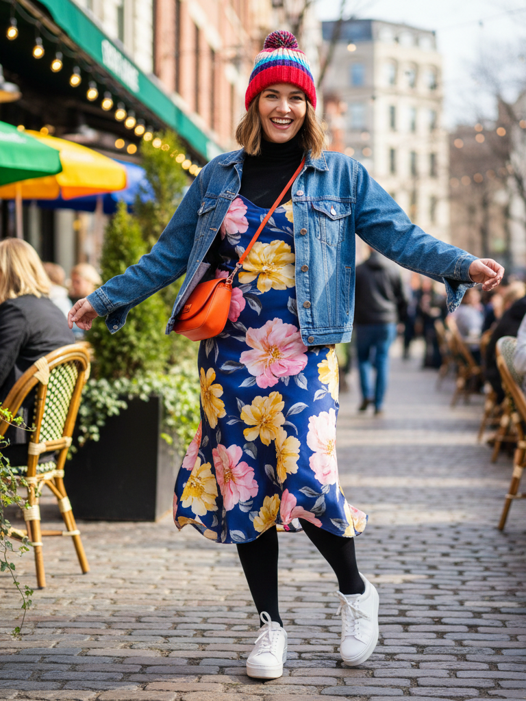 Denim Jacket + Slip Dress + Leggings