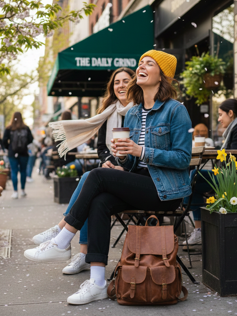 Denim Jacket + Striped Long Sleeve + Black Jeans + White Sneakers