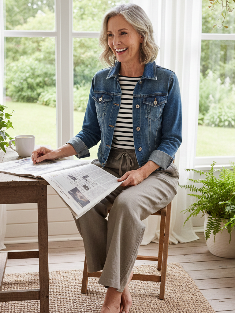 Denim Jacket + Striped Tee + Pull-On Wide-Leg Pants