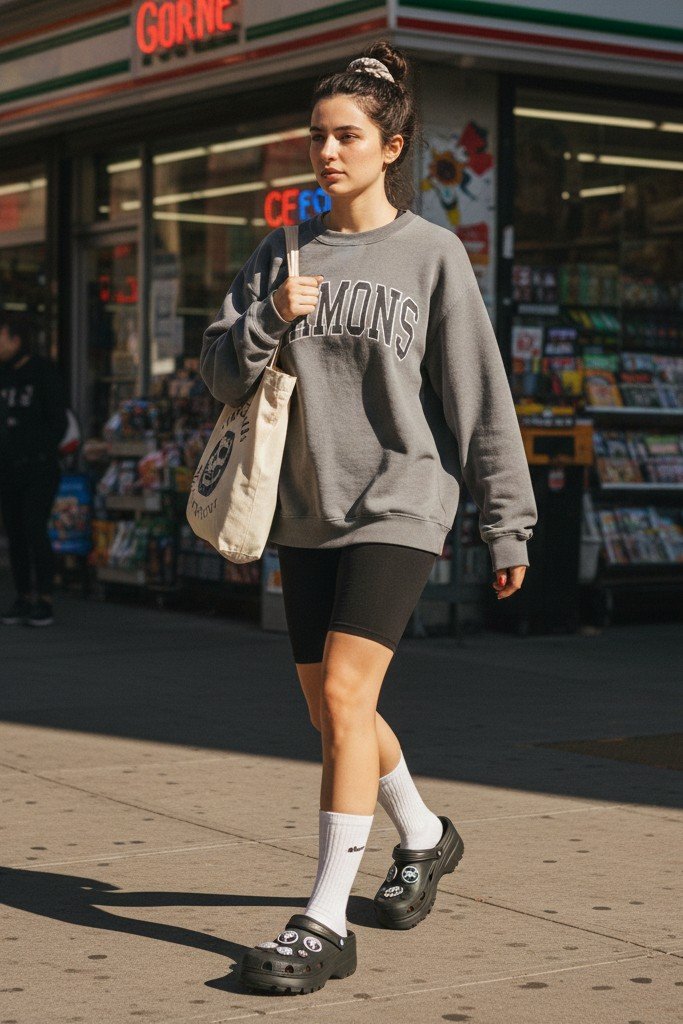 Distressed Sweatshirt + Biker Shorts + Tube Socks + Crocs