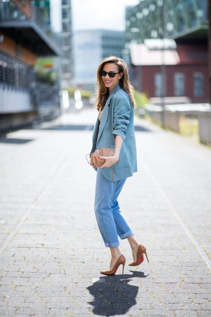 Dusty Blue Oversized Blazer + Light Wash Cuffed Jeans + Tan Pointed-Toe Pumps