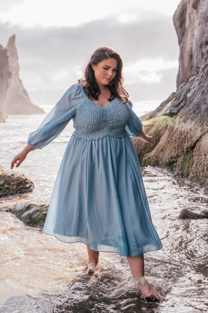 Dusty Blue Smocked Bodice Chiffon Dress with Sheer Long Sleeves