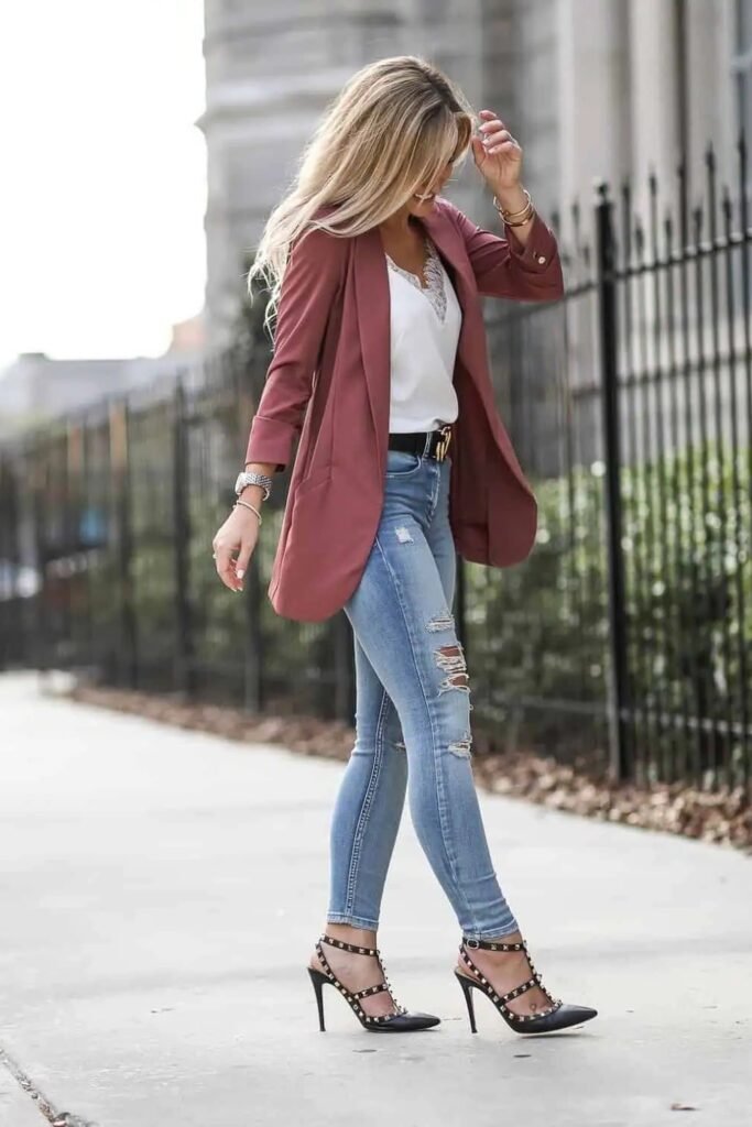Dusty Rose Blazer + Distressed Skinny Jeans + Black Studded Strappy Heels