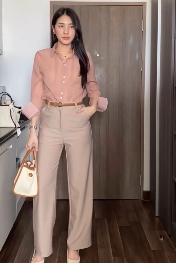 Dusty Rose Button Down Blouse + Beige Wide Leg Trousers + Beige Pointed Heels
