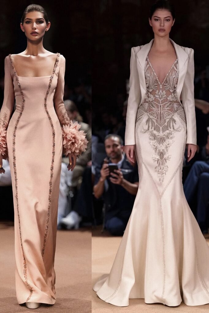 Dusty Rose Column Dress + Floral Ruffle Cuffs + Cream Fishtail Gown with Tailored White Jacket