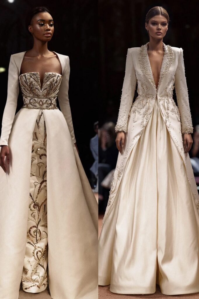 Embellished Strapless Gown with Cream Over-Skirt + Beaded Lapel Long Coat with Satin Gown