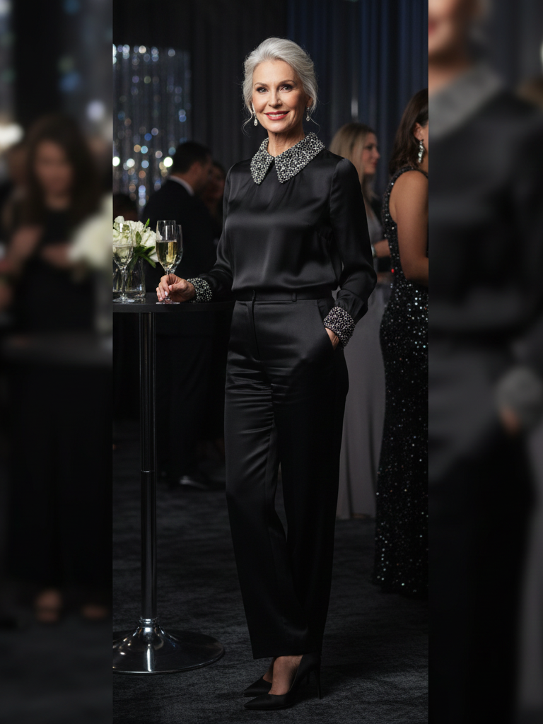 Embellished Top + Wide-Leg Trousers