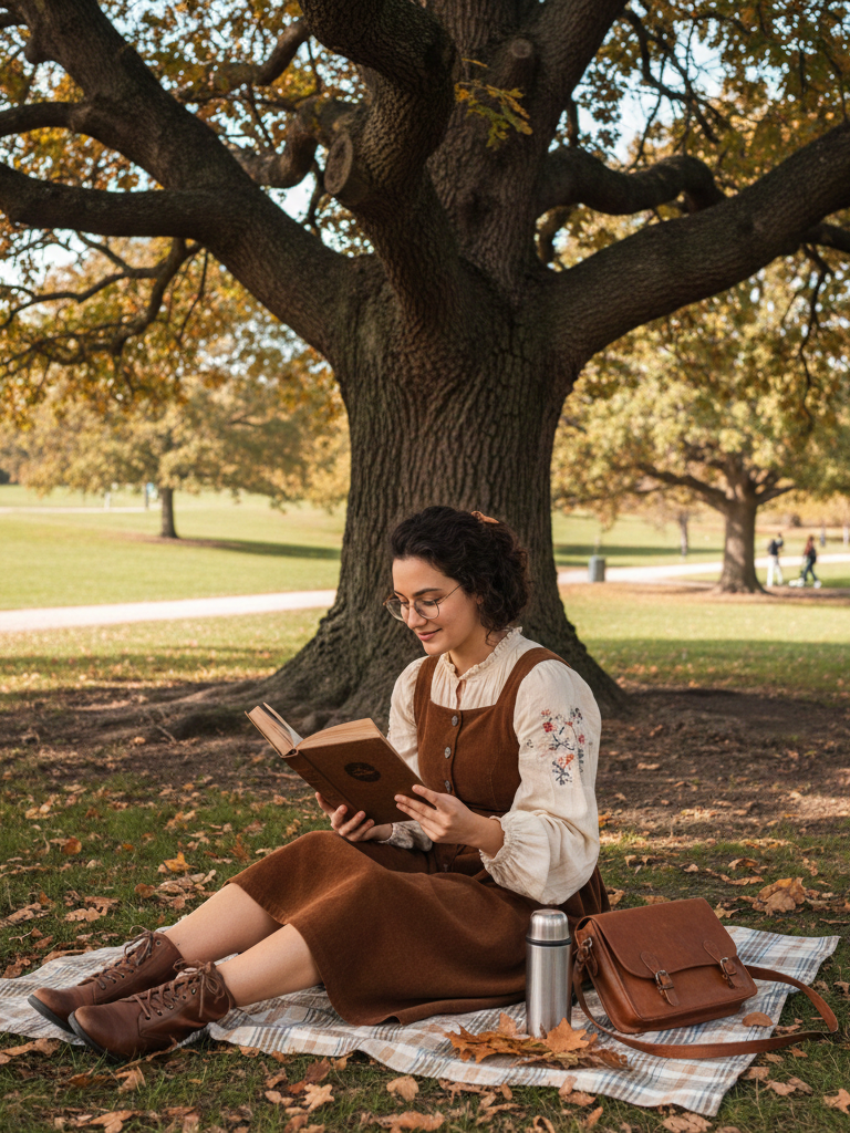 Embroidered Blouse + Corduroy Pinafore + Boots