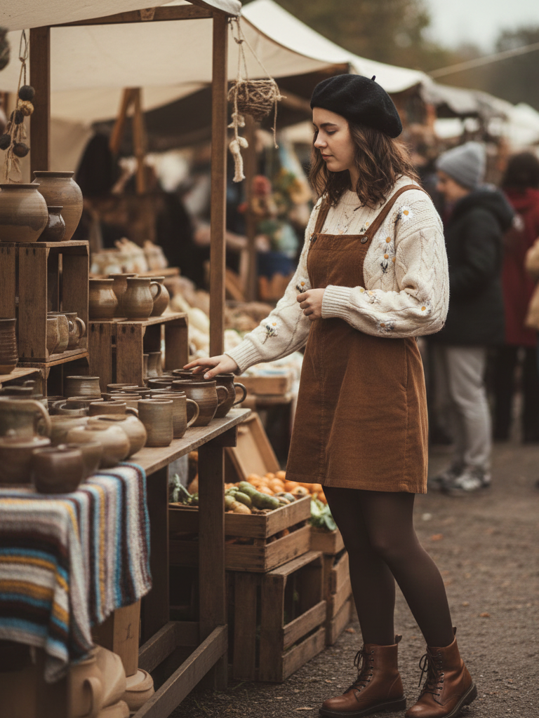 Embroidered Sweater + Corduroy Pinafore + Tights & Boots