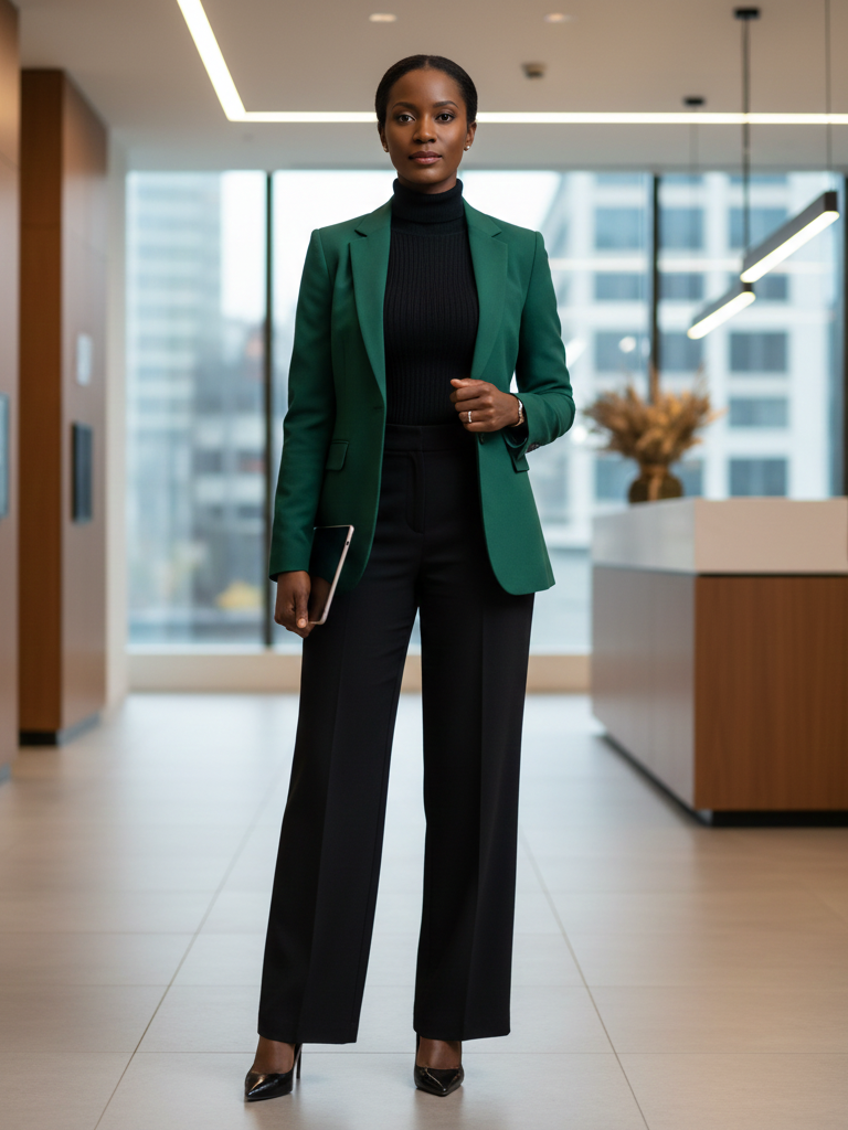 Emerald Green Blazer + Black Turtleneck + Wide-Leg Trousers
