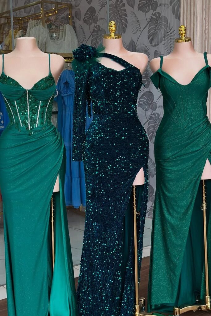 Emerald Green Corset Gown + Dark Green Sequin One-Shoulder Gown + Forest Green Sparkly Slit Gown