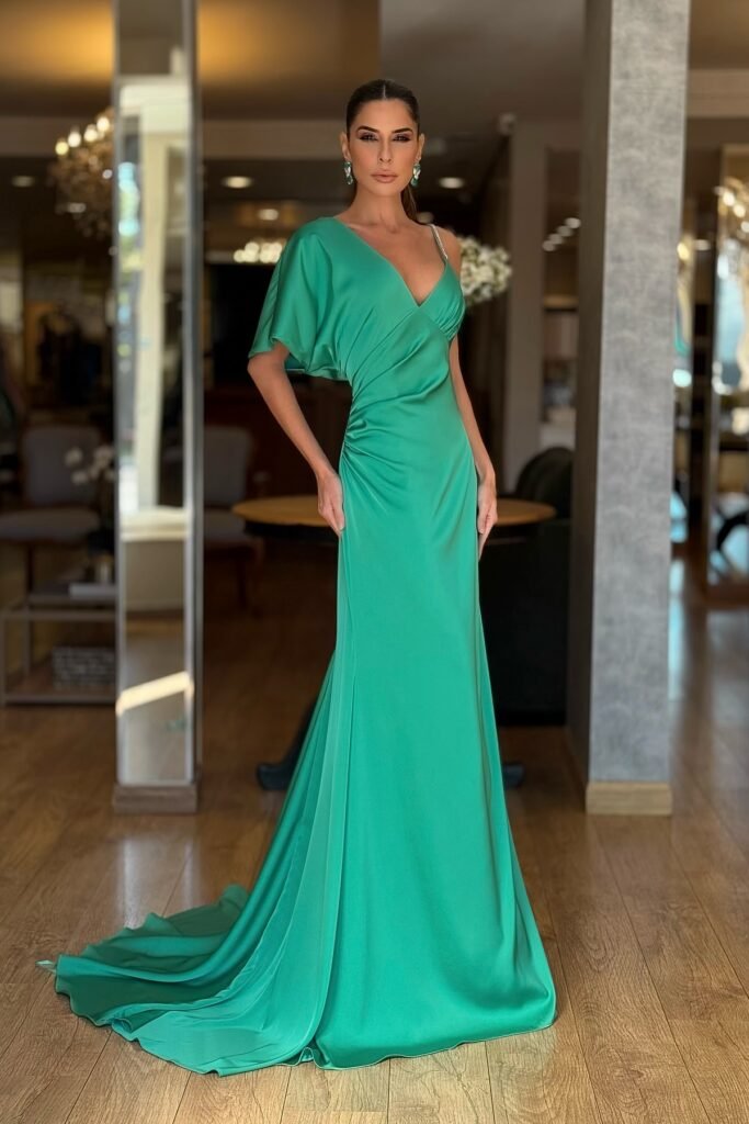 Emerald Green One-Shoulder Satin Gown with Draped Sleeve