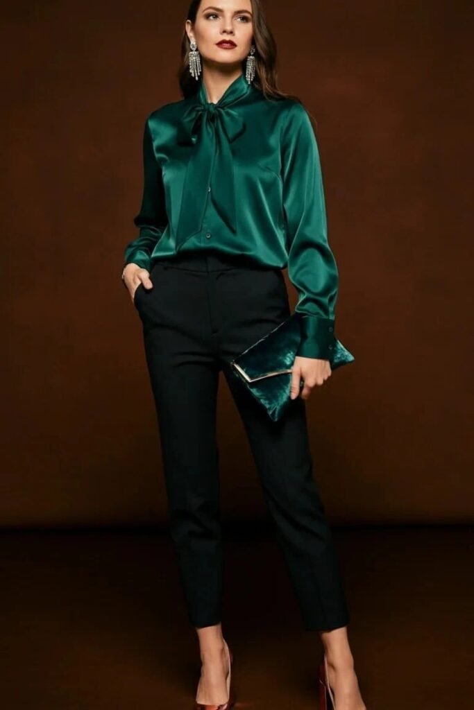 Emerald Green Silk Bow-Tie Blouse + Black High-Waisted Slim Trousers + Dark Green Velvet Clutch