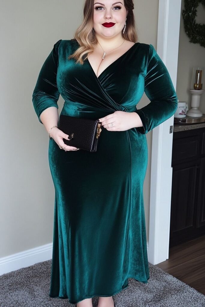 Emerald Green Velvet Wrap Maxi Dress + Black Leather Clutch + Silver Pendant Necklace