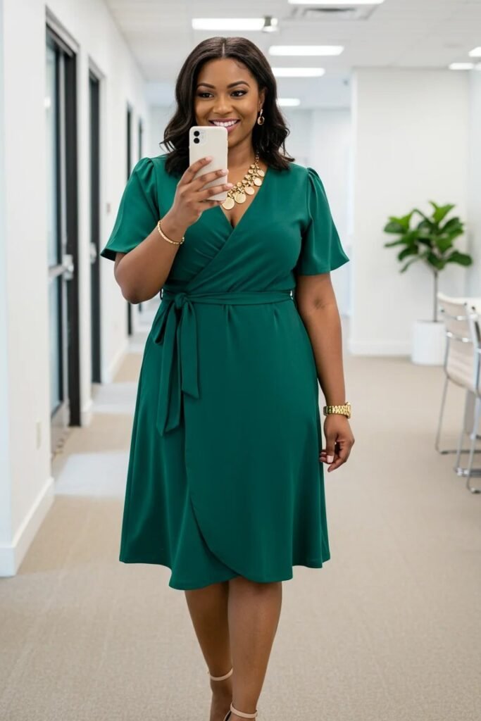 Emerald Green Wrap Dress + Gold Statement Necklace + Nude Heeled Sandals
