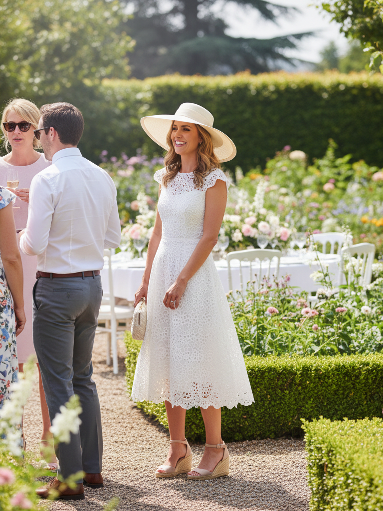 Eyelet Lace Dress + Wedges + Floppy Hat