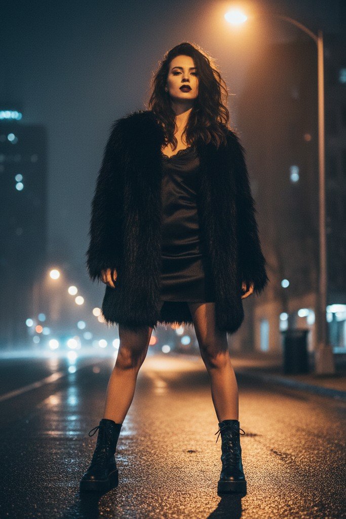 Faux Fur Coat + Slip Dress + Combat Boots