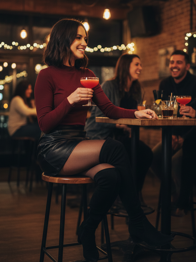 Faux Leather Mini Skirt + Cozy Mock Neck + Tights + Thigh-High Boots