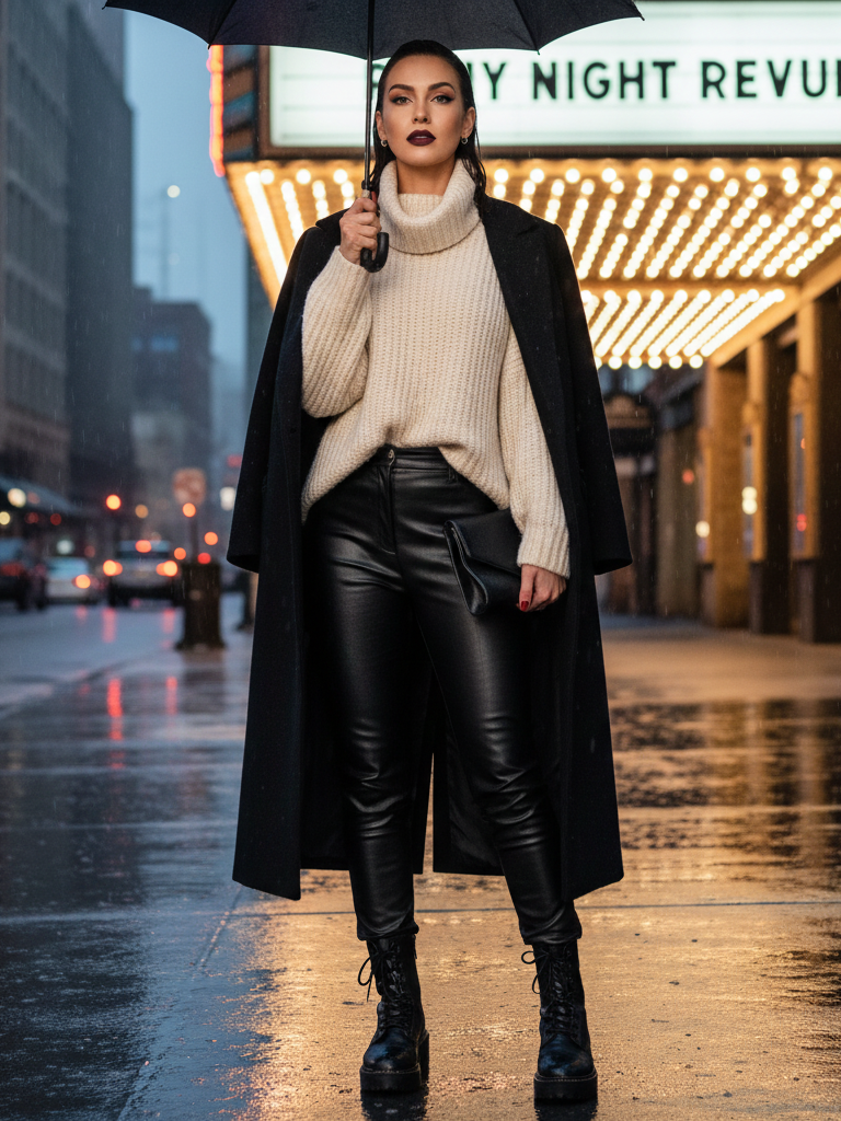 Faux Leather Pants + Chunky Knit + Long Coat + Platform Boots