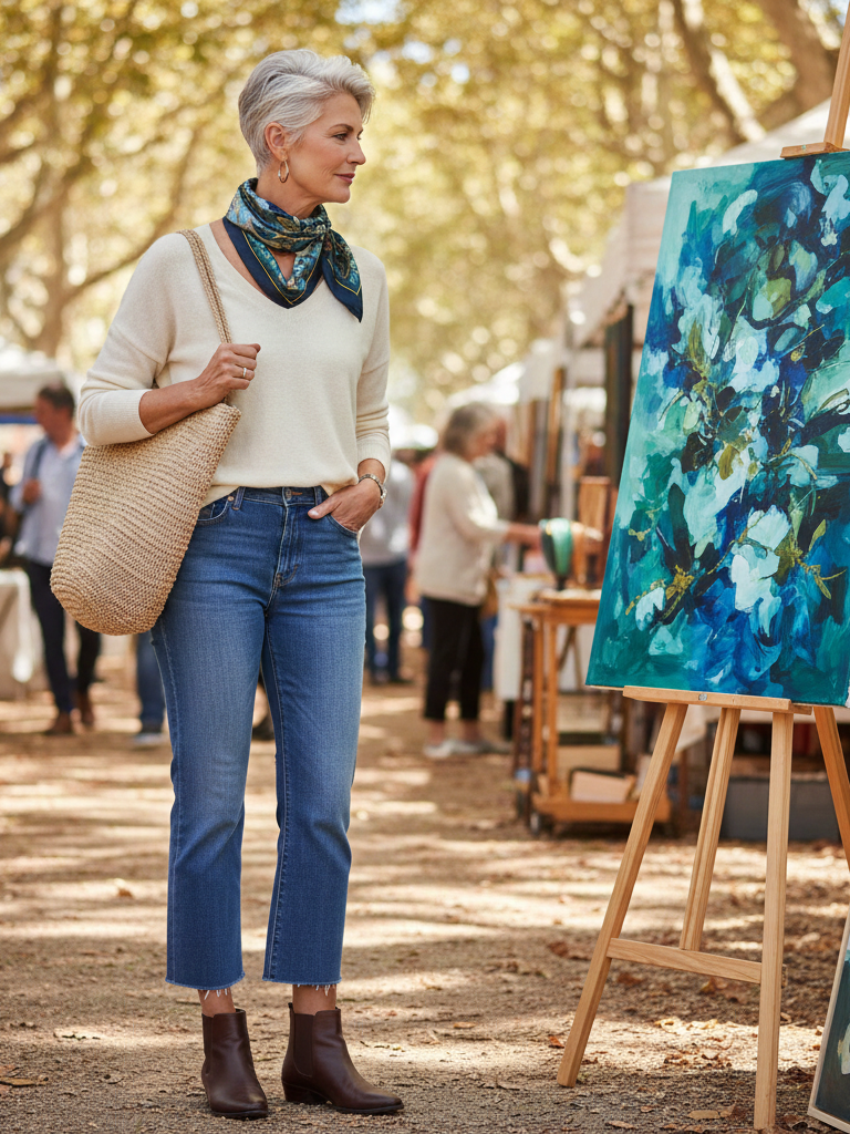 Fine-Gauge Knit + Silk Scarf + Cropped Jeans + Ankle Boots