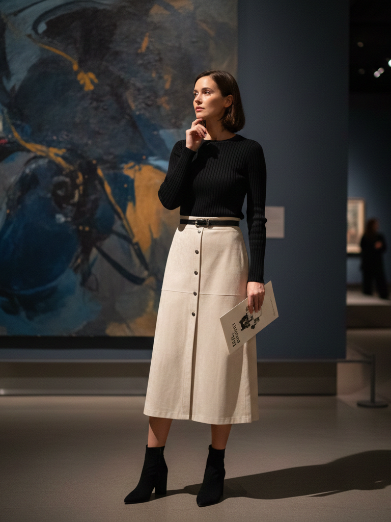 Fine-Knit Dress + Midi Skirt (Layered) + Booties