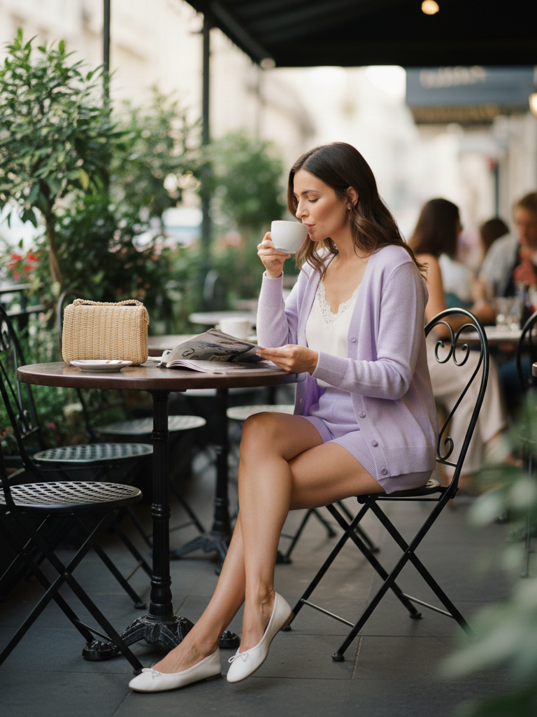 Fine-Knit Set (Cardigan & Shorts) + Ballet Flats