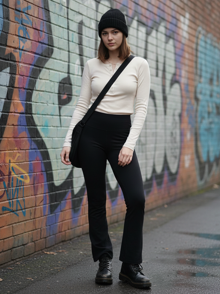 Fitted Henley Top + Flare Leggings + Combat Boots