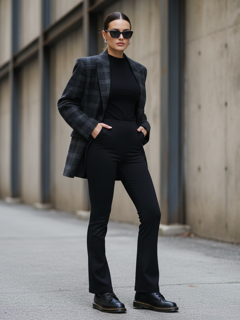 Fitted Mock Neck Top + Plaid Blazer + Flare Leggings + Chunky Boots
