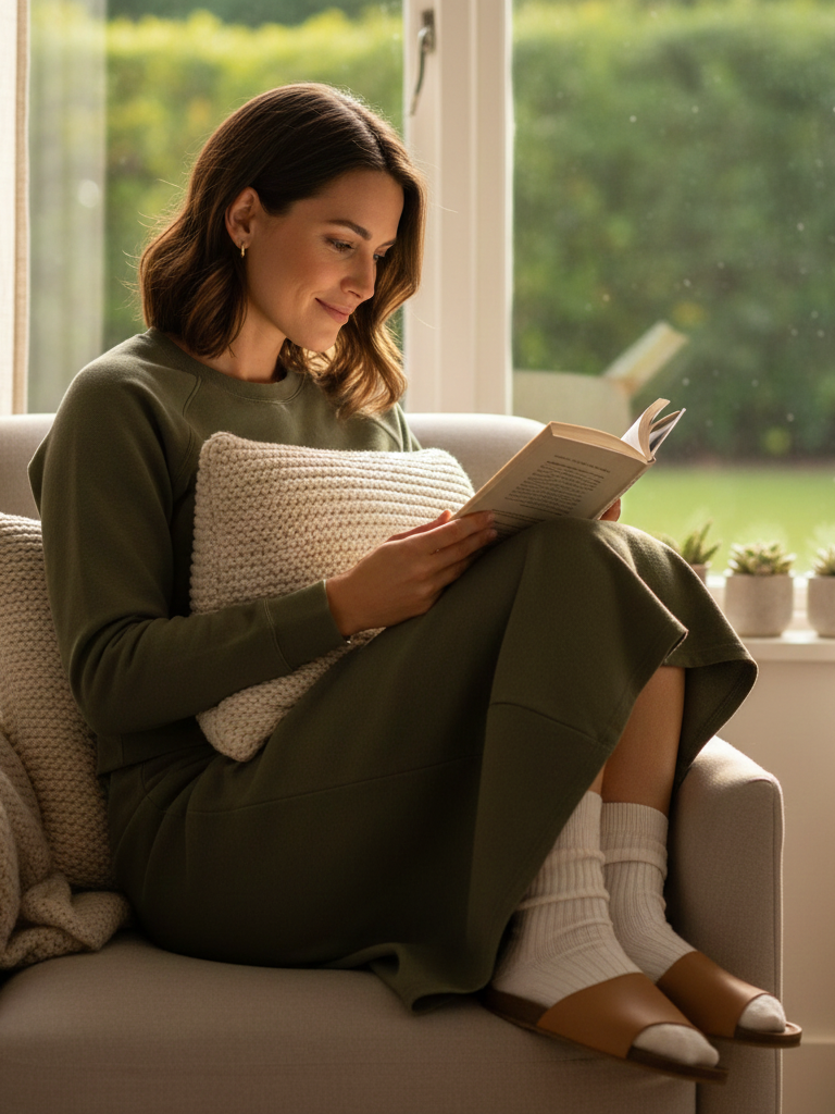 Fitted Sweatshirt + Sweatpants-Material Skirt + Slides