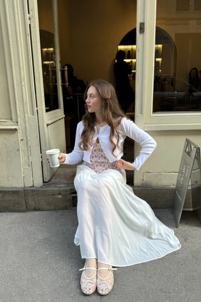 Floral Bodice White Maxi Dress + Cropped White Cardigan + Embroidered Mesh Flats