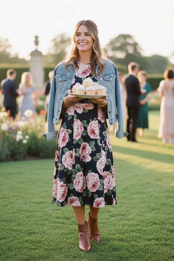 Floral Dress + Denim Jacket + Ankle Boots
