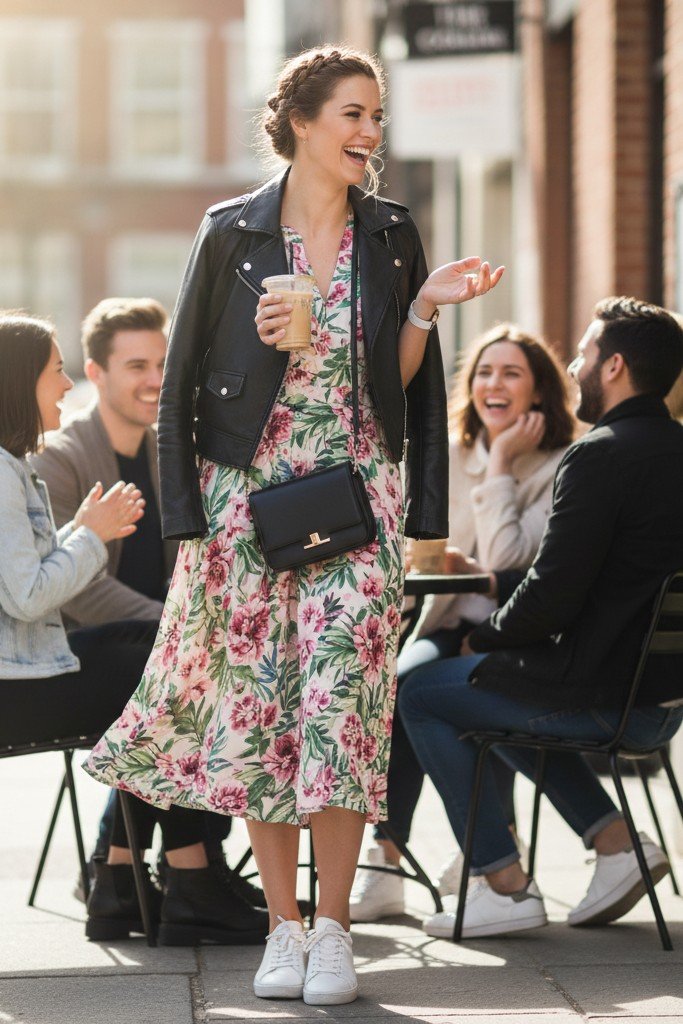 Floral Dress + Leather Jacket + Sneakers