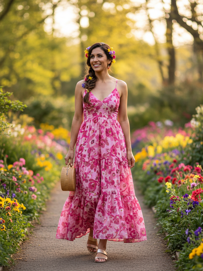 Floral Pink Maxi Dress + Barely-There Sandals + Woven Bag