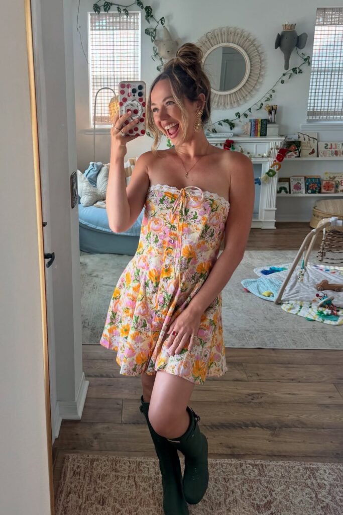 Floral Strapless Mini Dress + White Lace Trim + Dark Green Tall Rain Boots