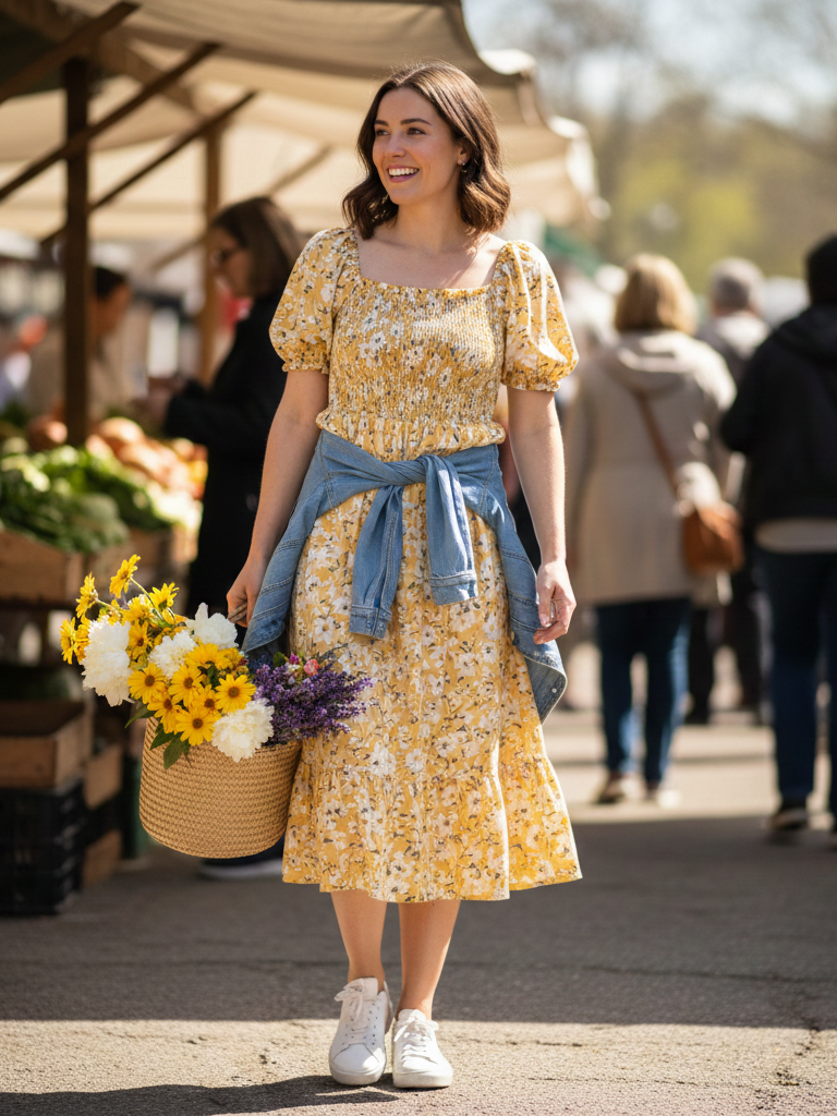 Floral Sundress + Denim Jacket + White Sneakers
