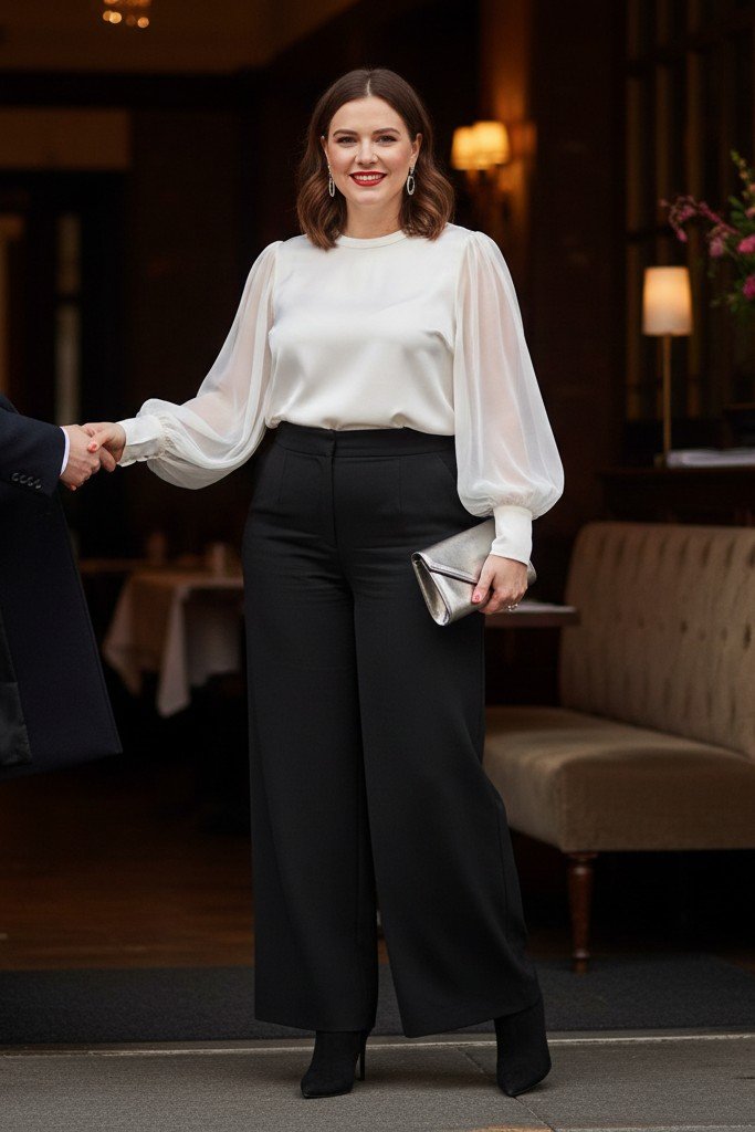Flowy Blouse + High Waisted Trousers + Heeled Ankle Boots + Bold Lip