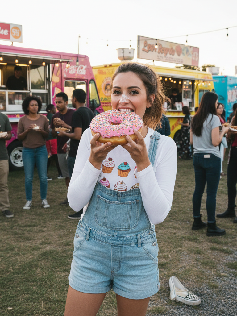 Food Print Top + Overall Shorts + Slip-On Sneakers