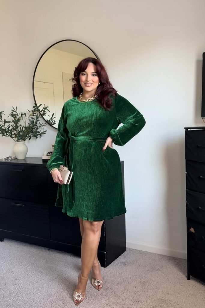 Forest Green Pleated Velvet Mini Dress + Gold Chain Necklace + Clear Embellished Heels
