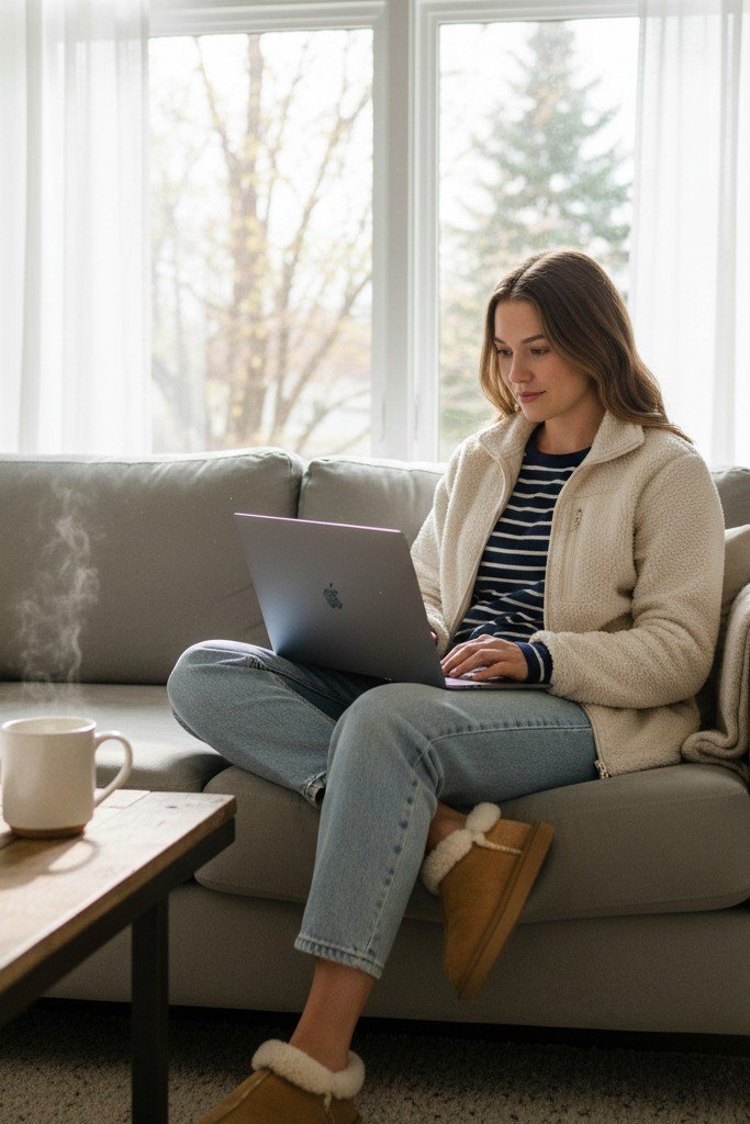 Fuzzy Sherpa Jacket + Thermal + Jeans + Slippers