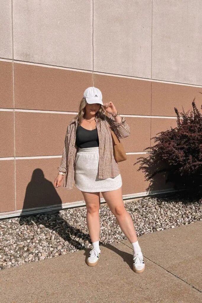Gingham Button Down Shirt + Black Bodysuit + Grey Mini Skirt + White Baseball Cap + White Sneakers
