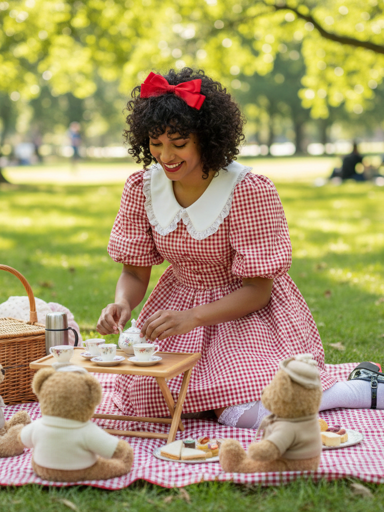 Gingham Dress with Puff Sleeves + Knee-High Socks + Mary Janes