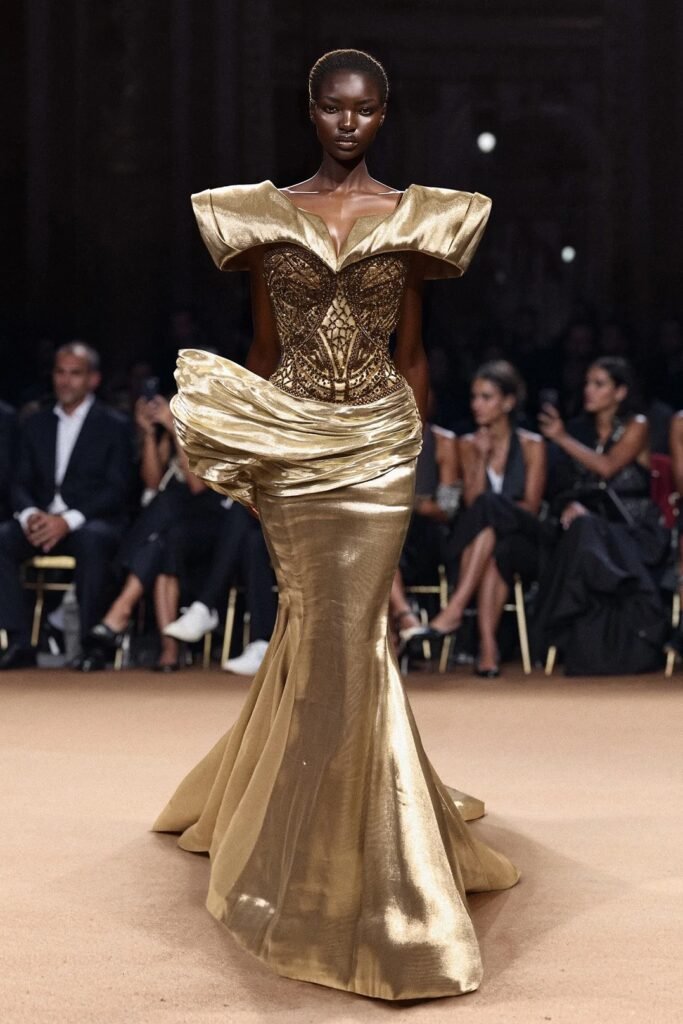 Gold Sculptural Gown + Elaborate Beaded Bodice + Metallic Fishtail Skirt