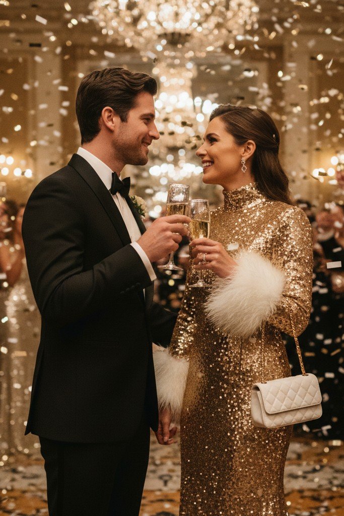 Gold Sequin Gown with Faux Fur Cuffs + White Quilted Mini Bag