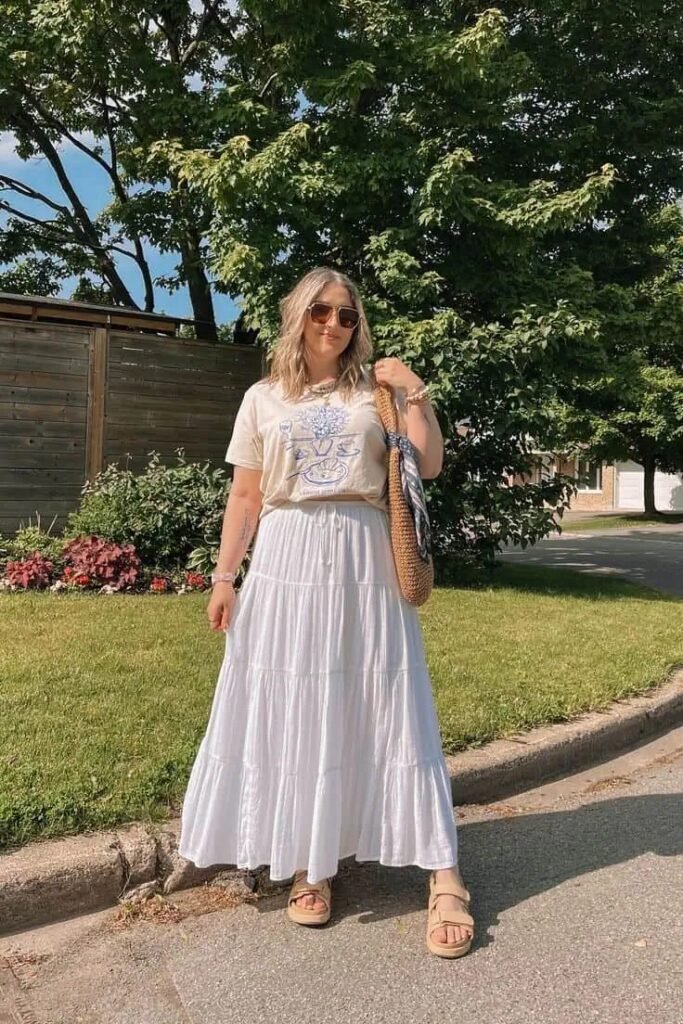 Graphic Beige T Shirt + White Tiered Maxi Skirt + Beige Platform Sandals