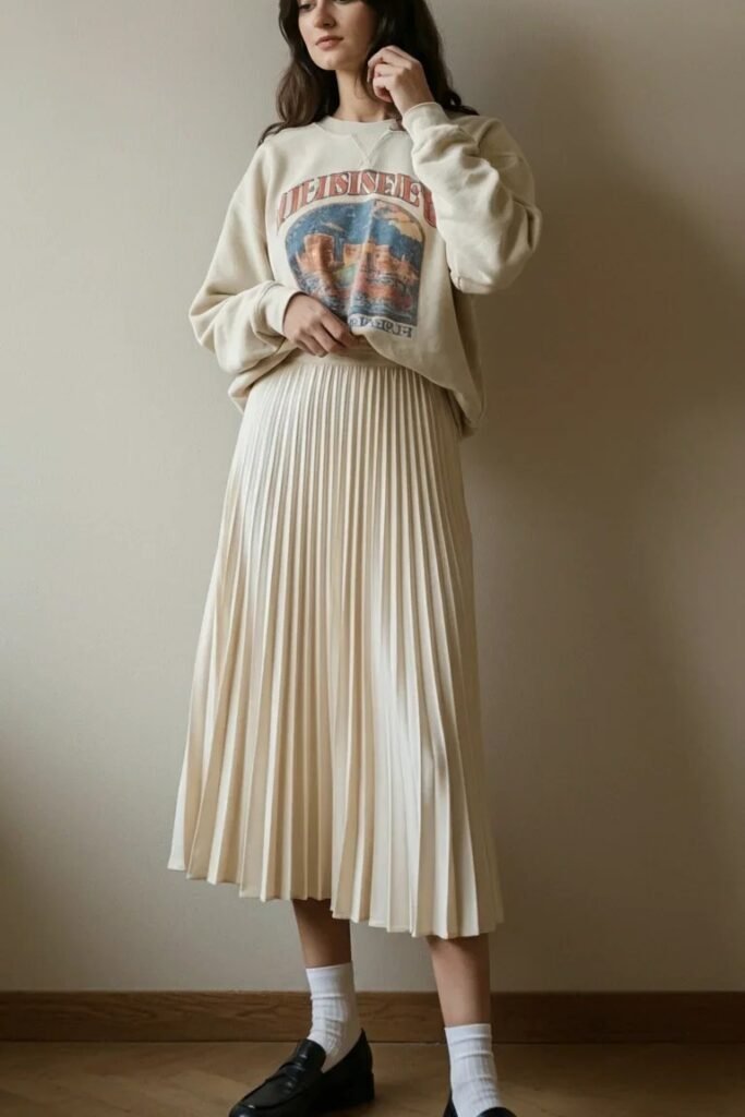 Graphic Cream Sweatshirt + Cream Pleated Midi Skirt + Black Loafers with White Socks
