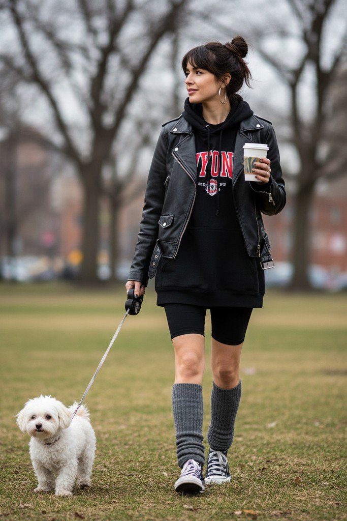 Graphic Hoodie + Leather Jacket + Bike Shorts + Leg Warmers