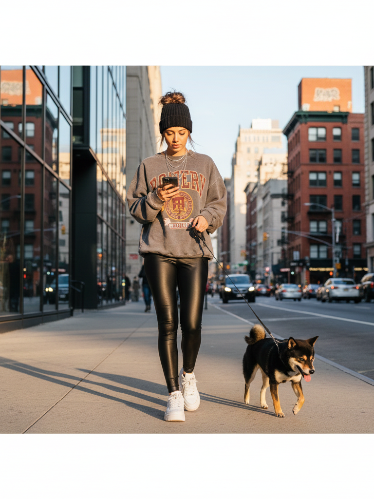 Graphic Sweatshirt + Leather Pants + Platform Sneakers