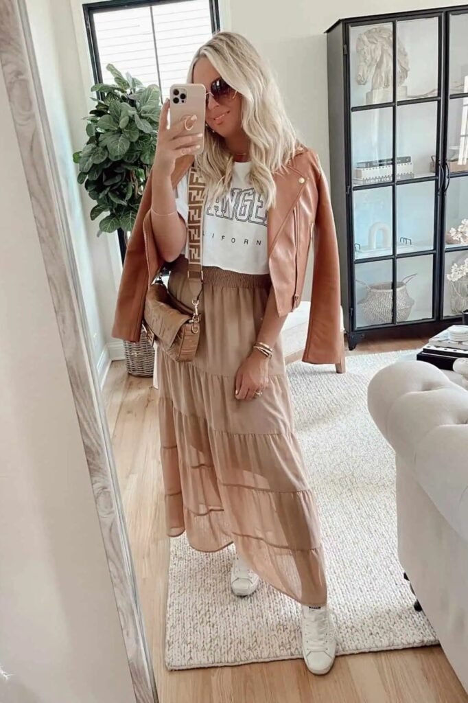 Graphic T Shirt + Tan Leather Biker Jacket + Tiered Taupe Maxi Skirt + White Sneakers