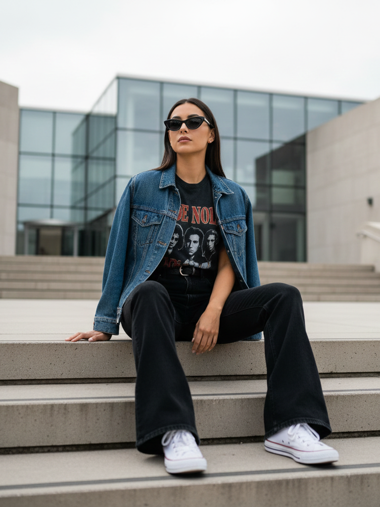 Graphic Tee + Black Flared Jeans + Denim Jacket