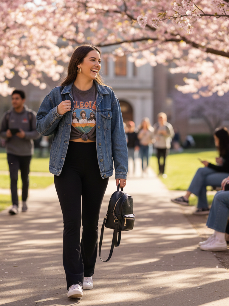 Graphic Tee + Denim Jacket + Flare Leggings + White Sneakers